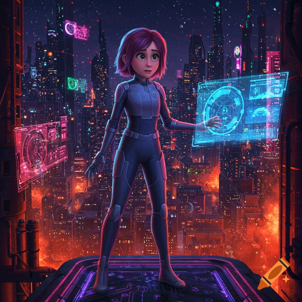 Animated female character in a tech suit interacts with a glowing holographic screen above a vibrant, futuristic city at night.