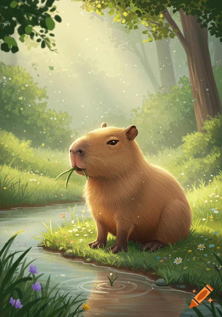 Illustrated capybara eating grass by a stream in a sun-dappled green forest.