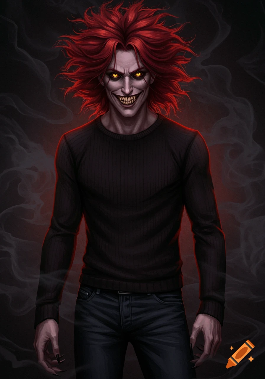 A scary demon with red shaggy hair, yellow eyes, sharp teeth, pale skin, and an evil smile, wearing a black sweater and jeans.