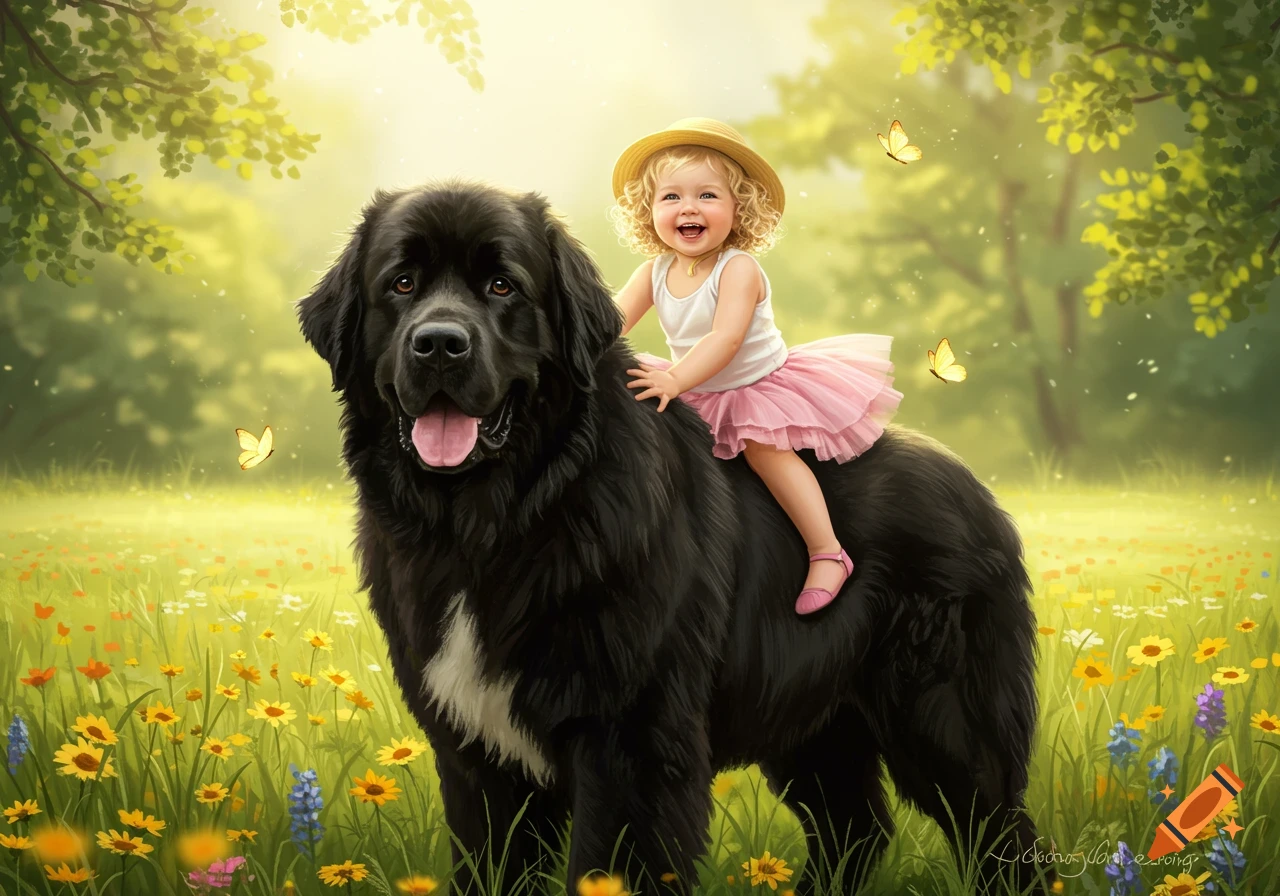Happy toddler with a straw hat rides a large black Newfoundland dog in a sunny, flower-filled meadow with butterflies, whimsical illustration.