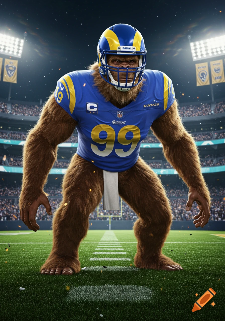 A photorealistic Sasquatch wearing a blue Los Angeles Rams football uniform with number 99, standing on a field in a stadium.