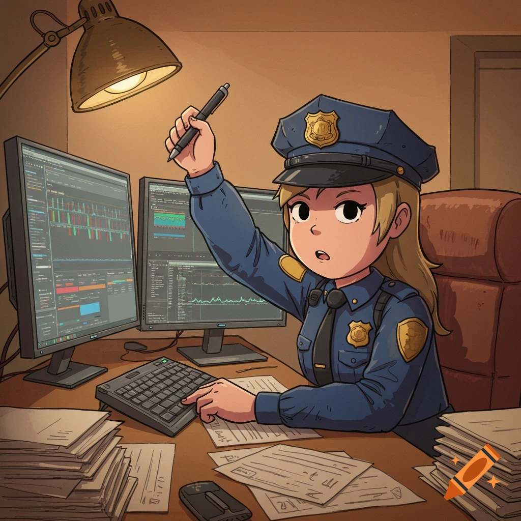 A cartoon woman in a police uniform and hat sits at a desk with two computer monitors, holding a pen aloft.