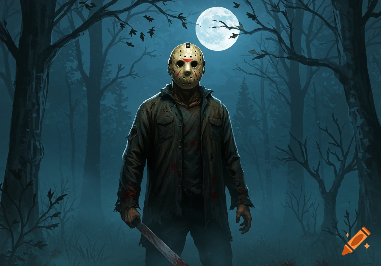 Illustration of Jason Voorhees in a hockey mask, holding a bloody machete, standing in a dark, moonlit forest.