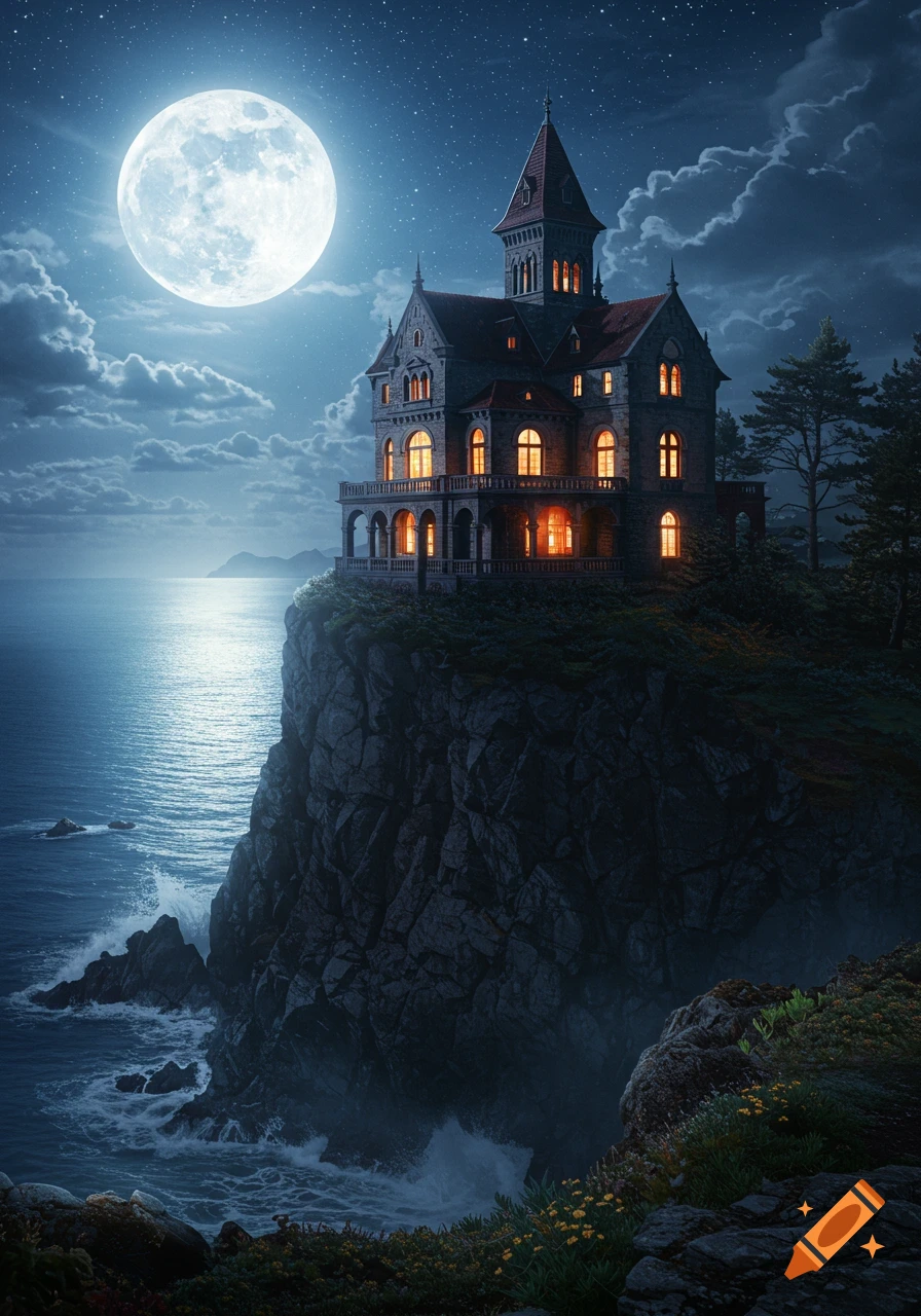 A grand European mansion with illuminated windows sits atop a rugged cliff overlooking a moonlit ocean under a starry night sky.