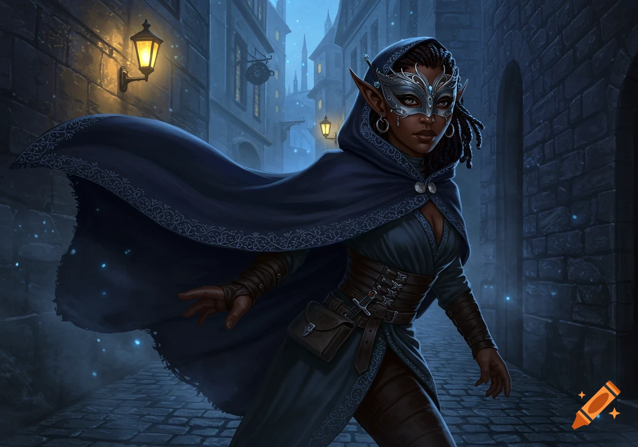 A dark-skinned female elf with dreadlocks wears a silver mask and a flowing blue hooded cape in a dim, lantern-lit cobblestone alley.