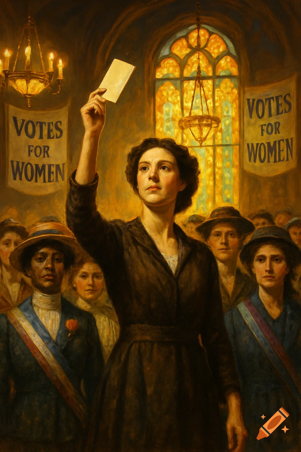 A determined woman holds a ballot high, leading a group of suffragettes in a painterly style, with 'VOTES FOR WOMEN' banners.