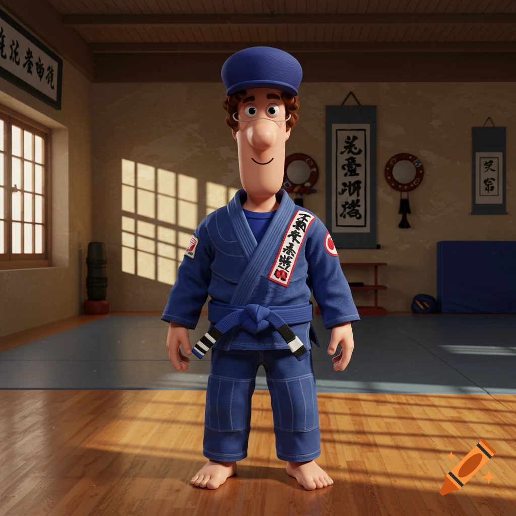 Postman Pat in a blue Brazilian Jiu-Jitsu gi with a black belt, standing barefoot in a dojo, in a 3D animated style.