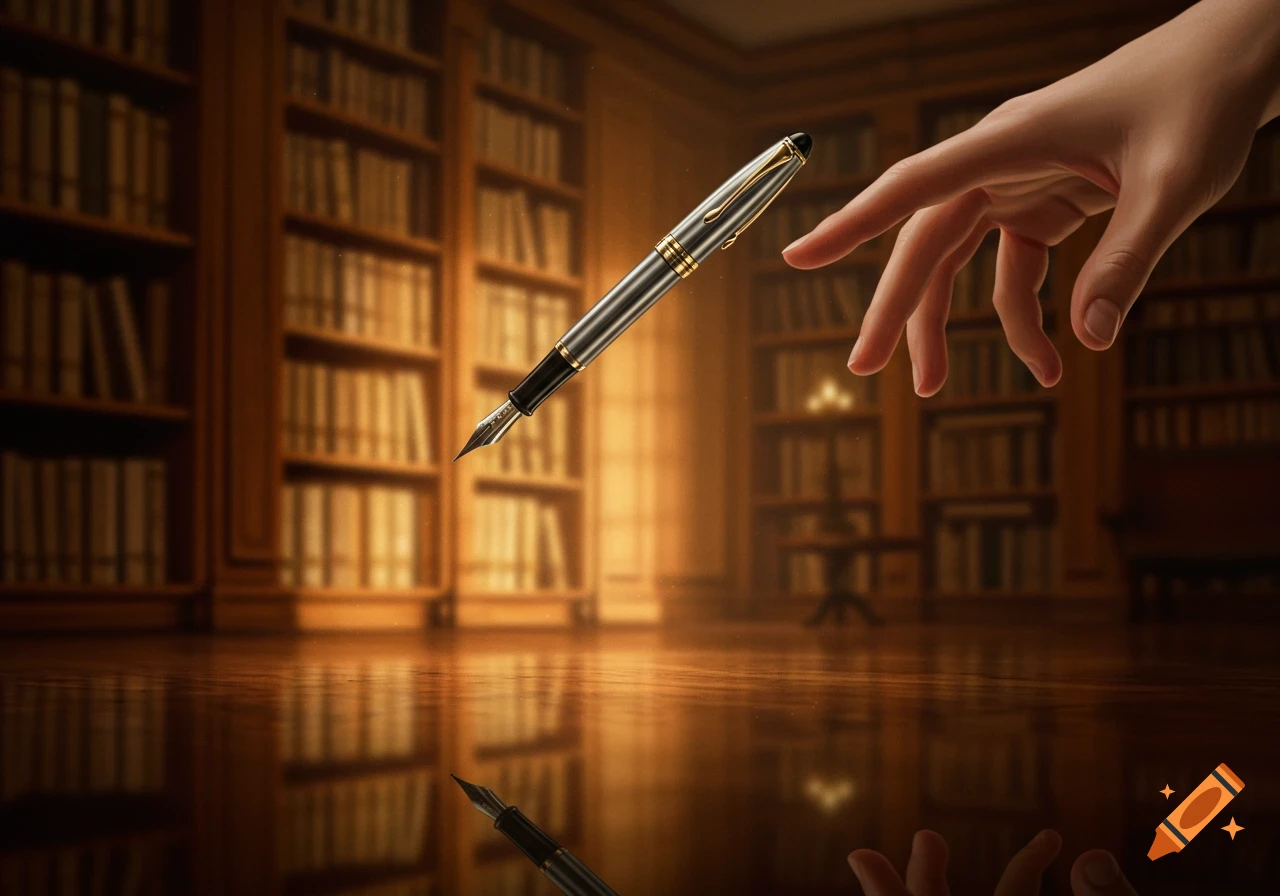 A hand reaches for a floating silver and gold fountain pen in a dimly lit library with wooden bookshelves and a reflective floor.