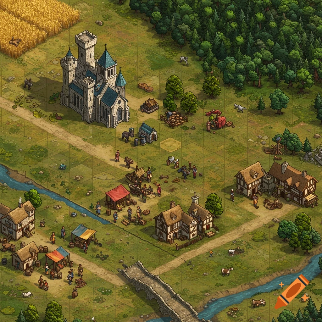 Isometric map of a medieval village with a castle, church, market, houses, river with a bridge, fields, and forest.