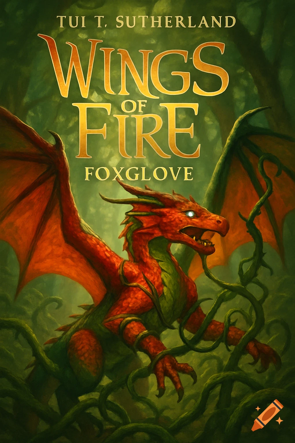 Book cover featuring a red and green dragon with milky white eyes, pinned by dark green vines in a lush forest. Text: Wings of Fire Foxglove.
