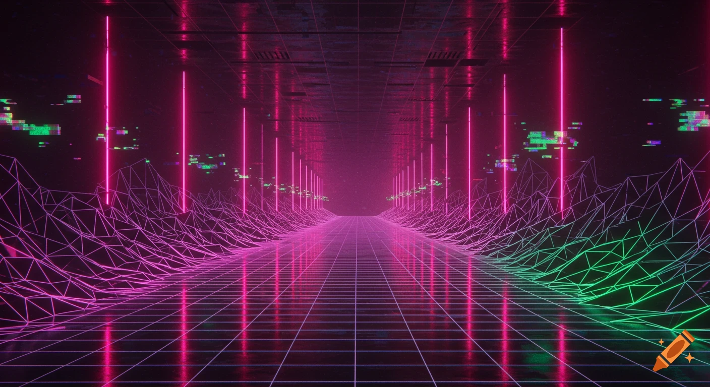 A cyberpunk-style infinite corridor with neon magenta lights, wireframe mountains in pink and green, and a grid floor.