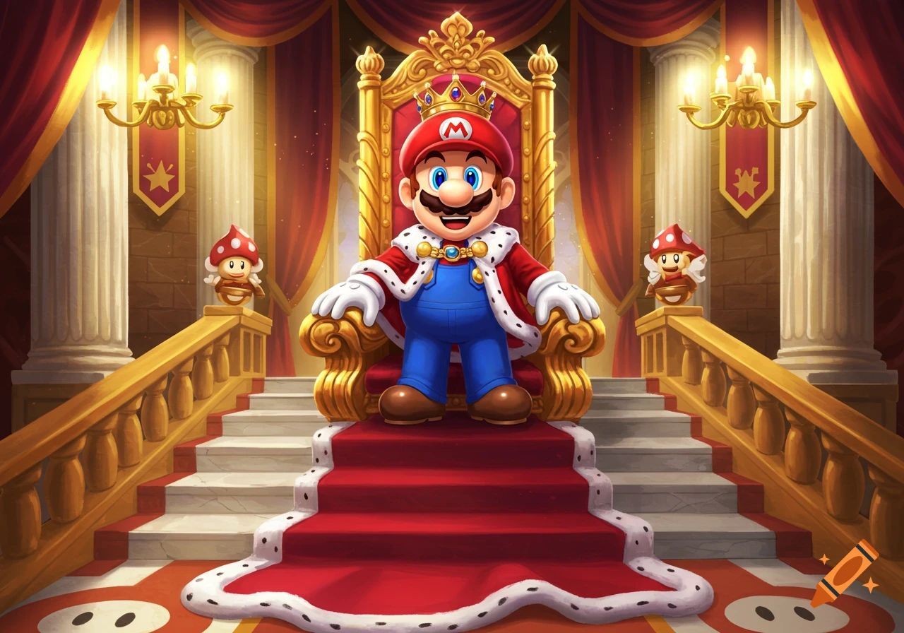 Mario, dressed as a king with a crown and royal robe, sits on a golden throne in a grand, red-draped royal hall.