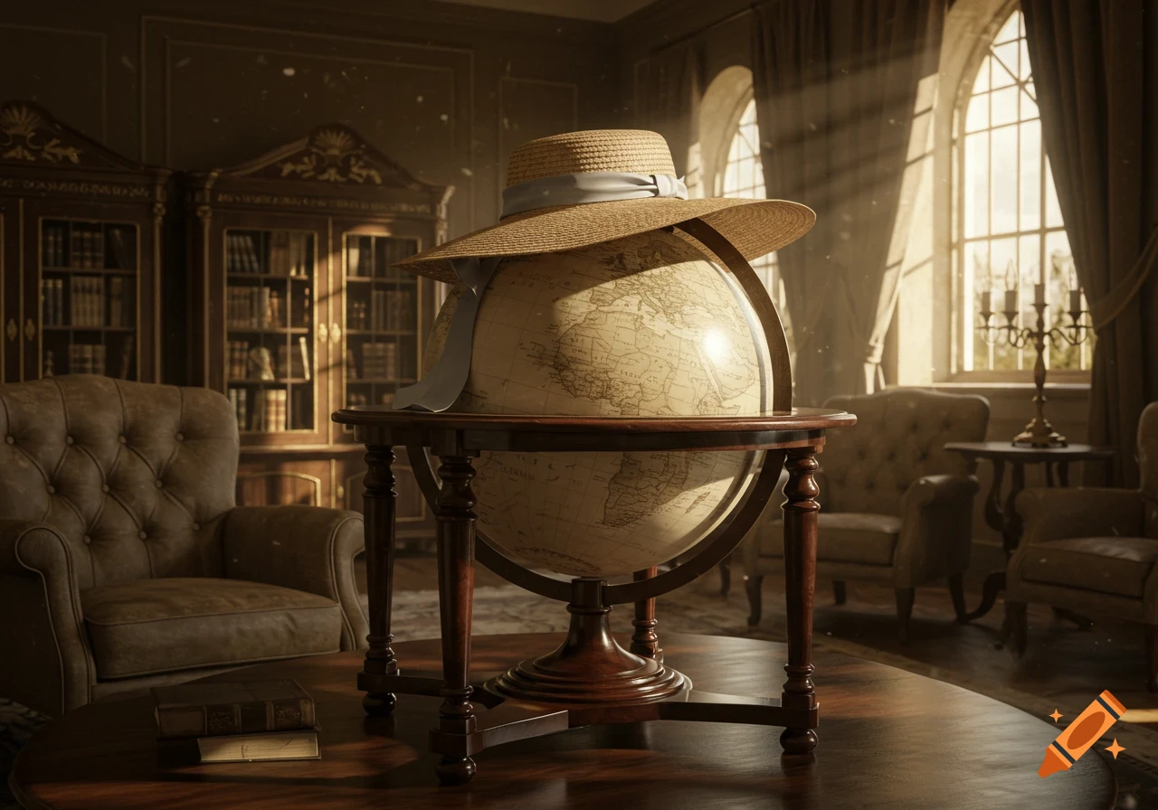 A straw hat rests on an antique globe in a sunlit, wood-paneled study with armchairs and bookshelves.
