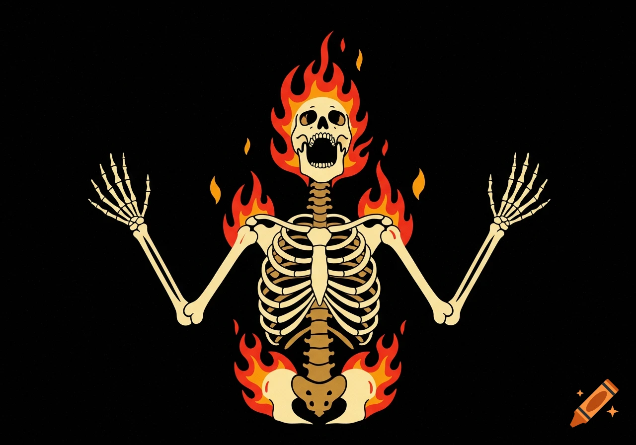 A dramatic illustration of a human skeleton engulfed in roaring flames, against a pitch-black background, with its mouth agape and arms raised.