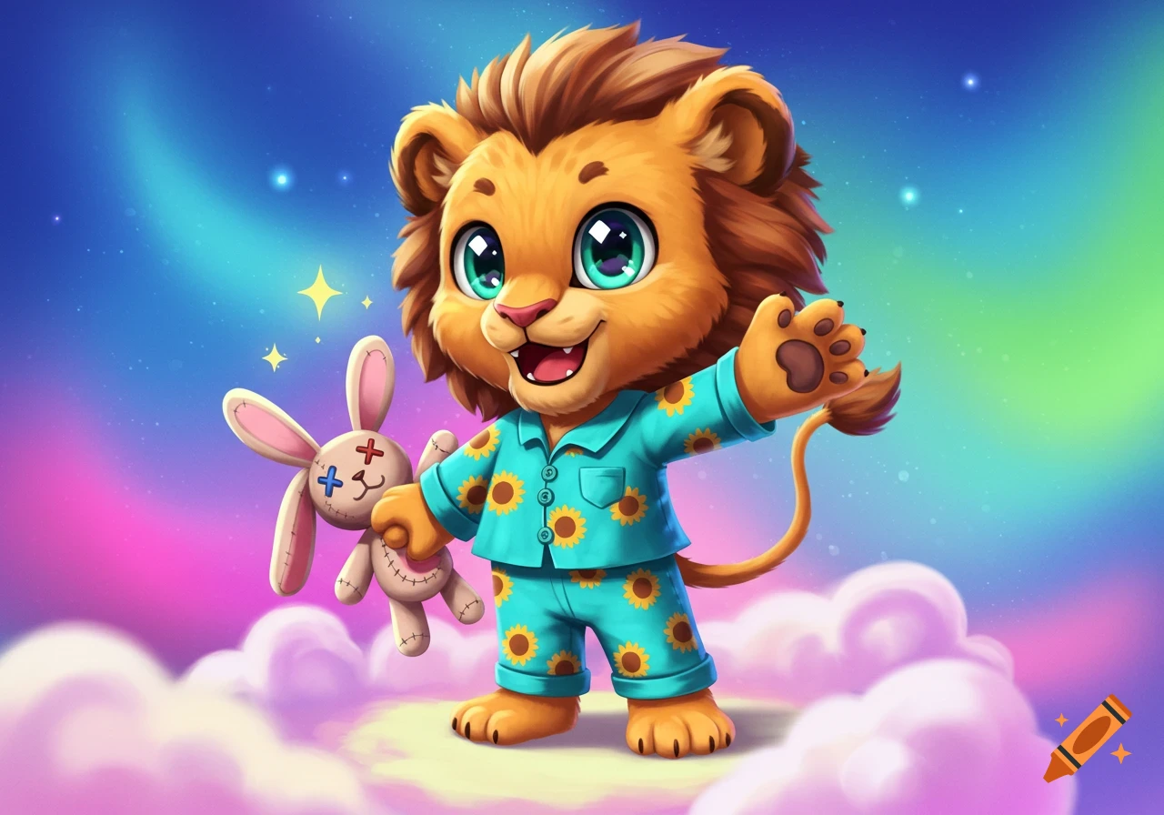 A cute cartoon lion cub in sunflower pajamas holding a plush bunny, standing on clouds under a colorful starry sky.