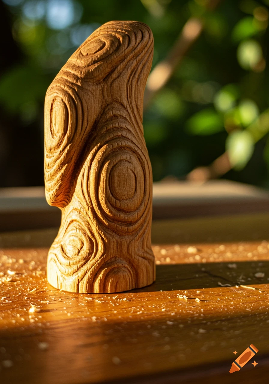 Photorealistic image of a carved wooden sculpture with concentric circular patterns, standing on a wooden surface with shavings against a blurred green background.