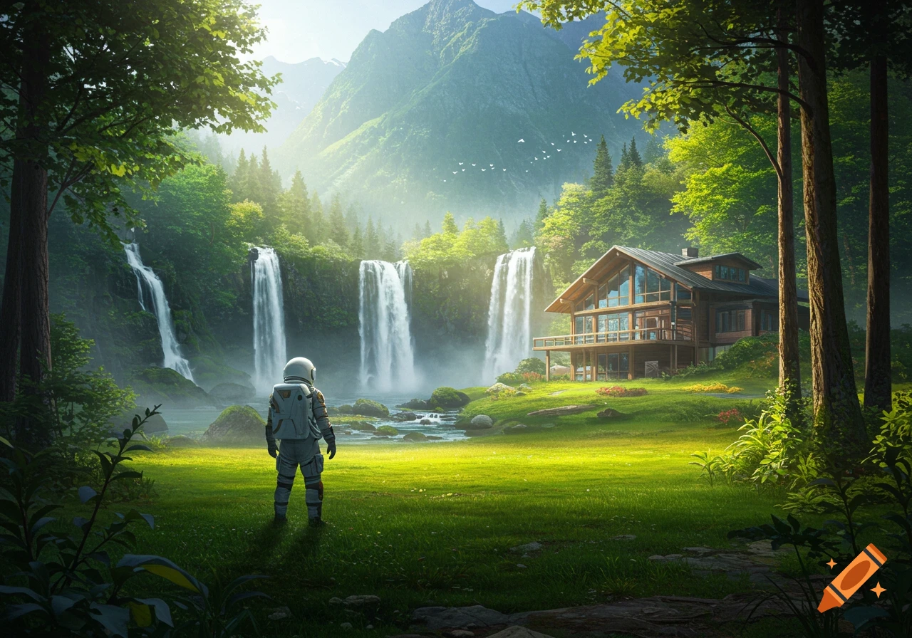 A photorealistic image of an astronaut standing in a lush green valley with multiple waterfalls, mountains, and a modern wooden house.
