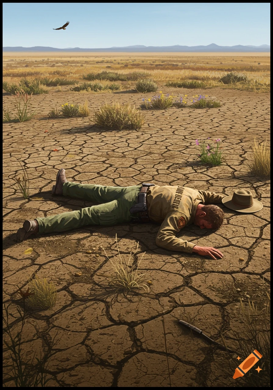 A photorealistic image of a game warden lying face down on dry, cracked earth in a vast desert landscape with an eagle flying overhead.