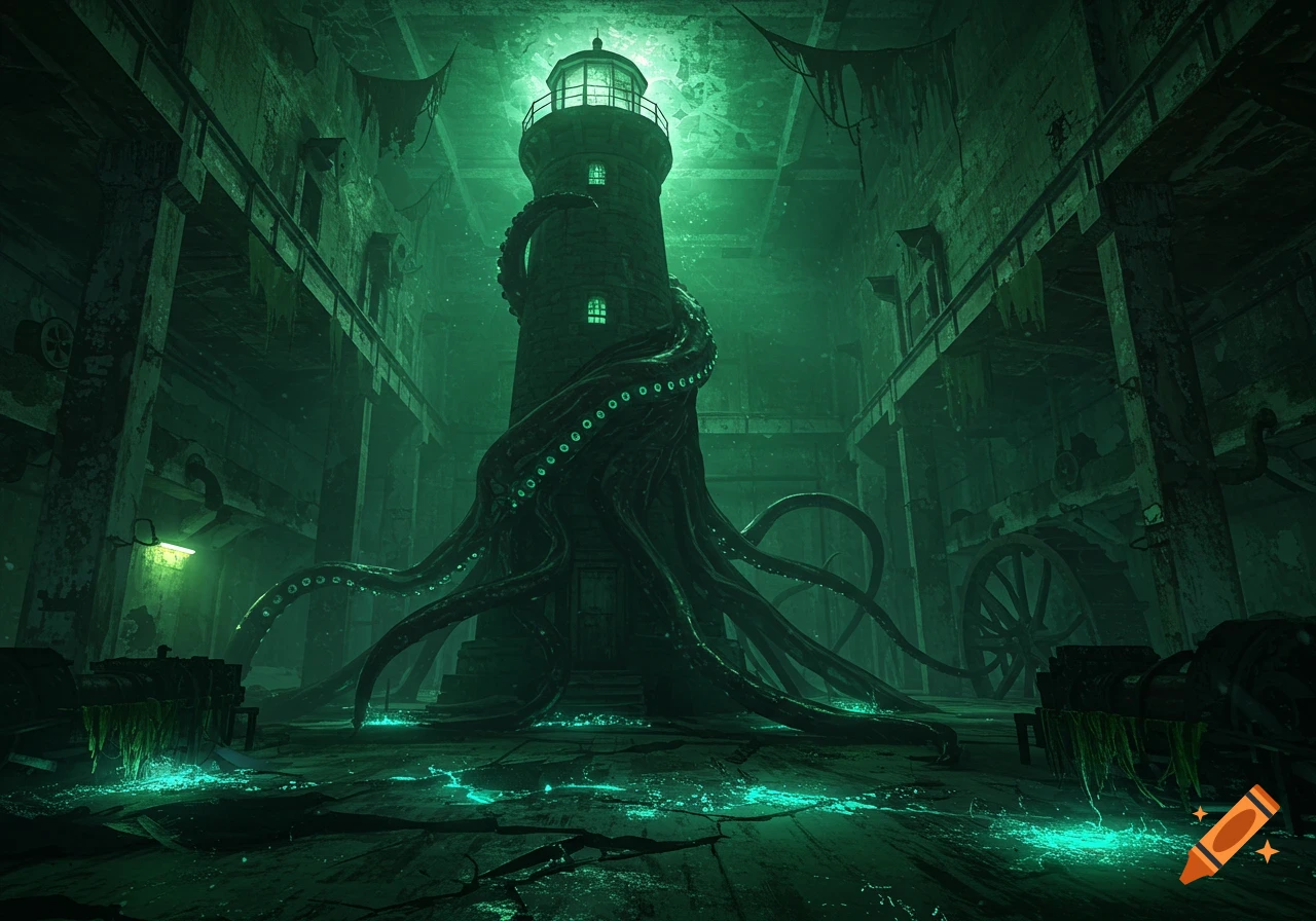 A dark, green-lit, cavernous facility features a stone lighthouse overgrown with glowing, shadowy tentacles, evoking an eldritch creature.