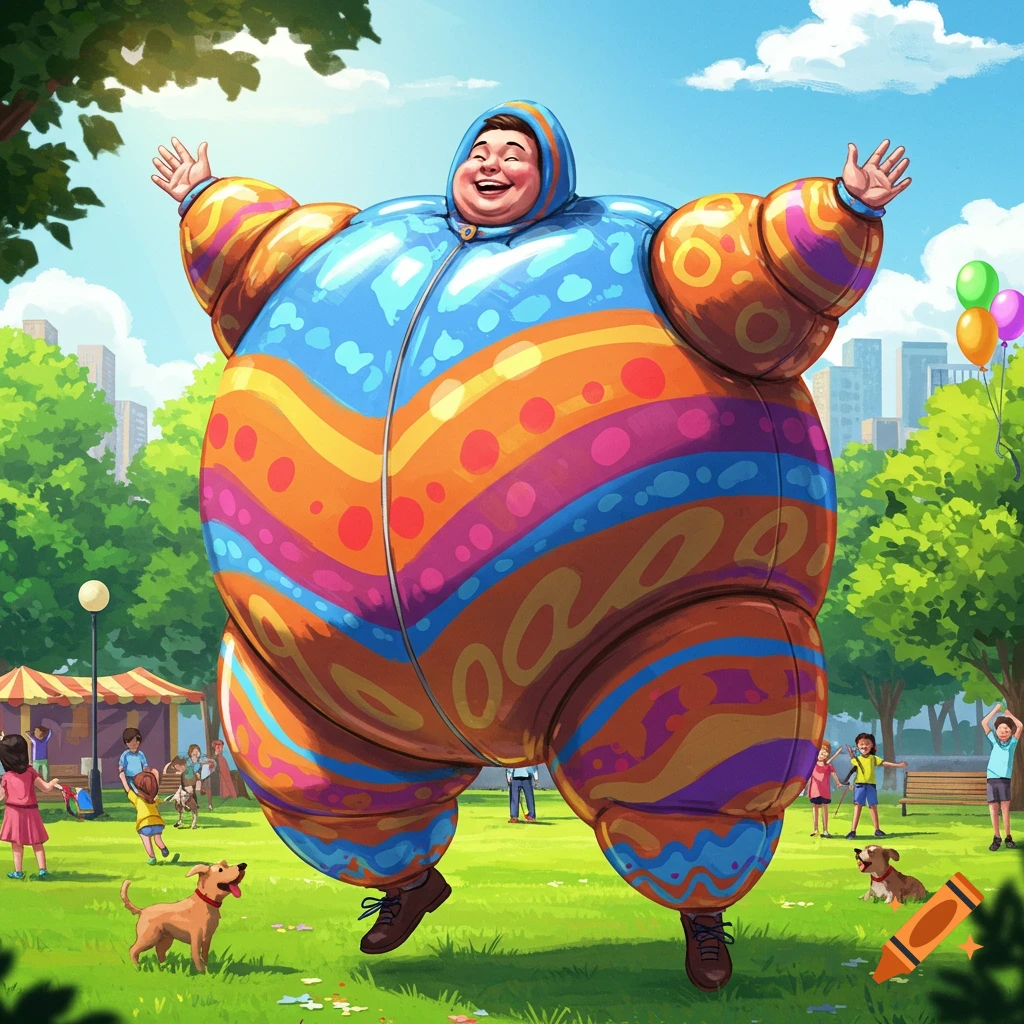 A cheerful man in a huge, colorful inflatable suit waves in a sunny park with children and dogs playing.