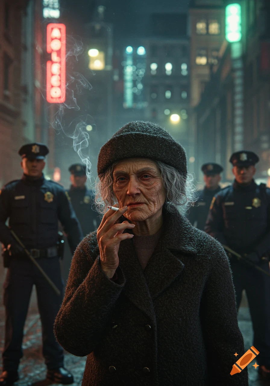 Photorealistic image of an elderly woman smoking a cigarette on a dark city street with police officers and neon signs in the background.