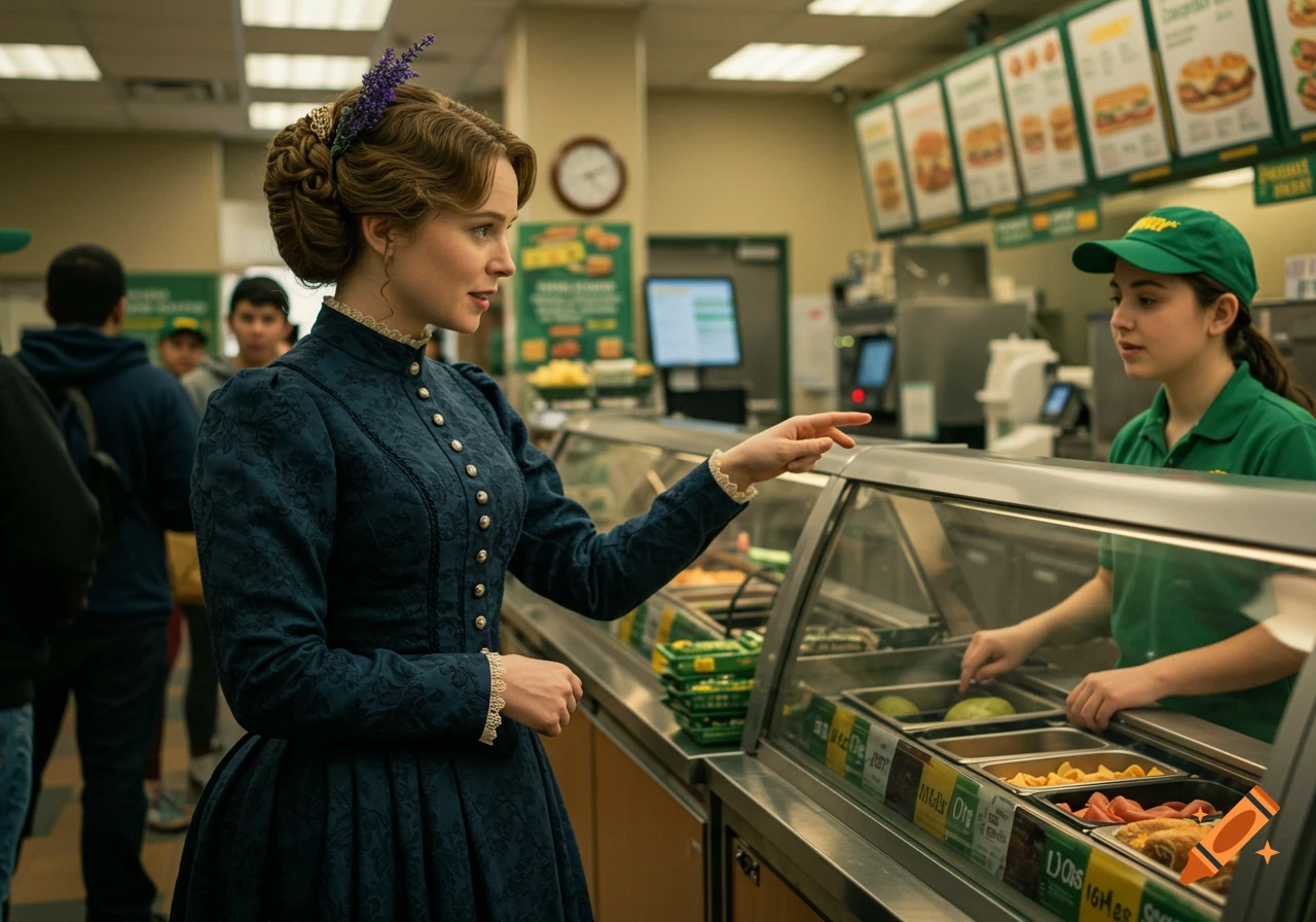 A woman in a detailed 19th-century blue dress orders a sandwich at a modern Subway restaurant.