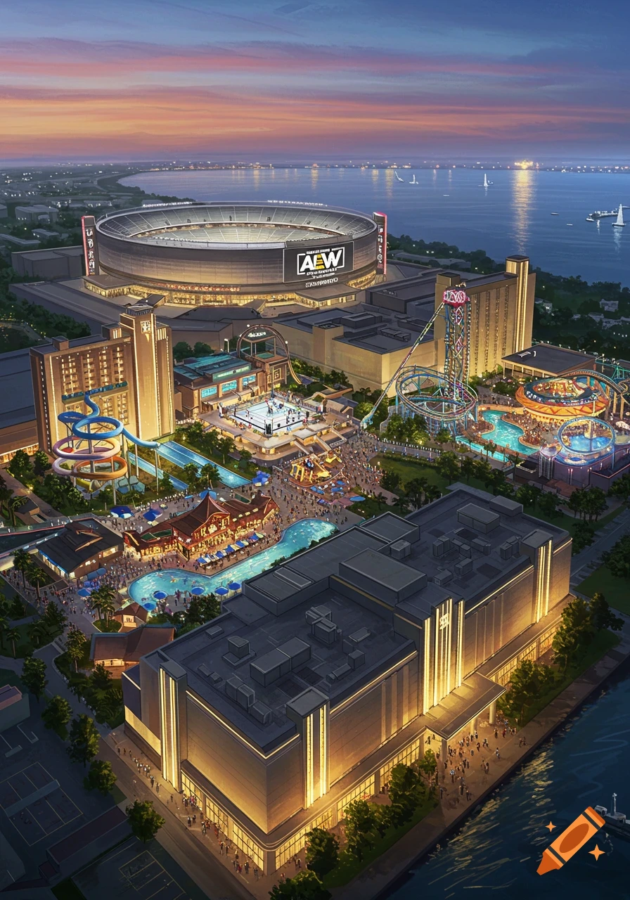Aerial view of a sprawling AEW resort complex at dusk, featuring a large stadium, water park, and theme park by a bay.