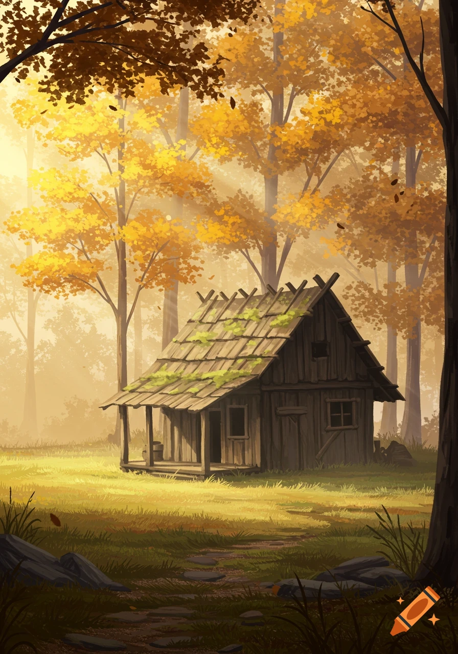 Rustic wooden hut with a mossy roof in a sunlit autumn forest with golden trees, digital painting.