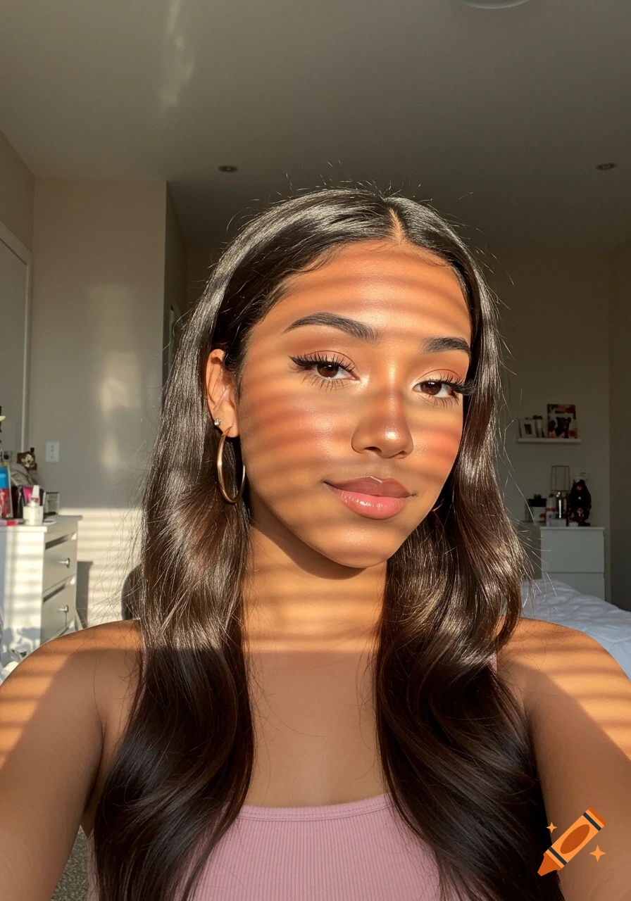 Close-up selfie of a young woman with long dark hair and makeup, looking at the camera with warm sunlight casting striped shadows across her face and body.