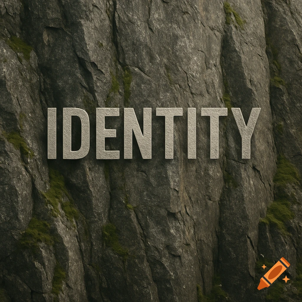 The word IDENTITY is embossed on a dark gray rocky mountain face with green moss, in a photorealistic style.