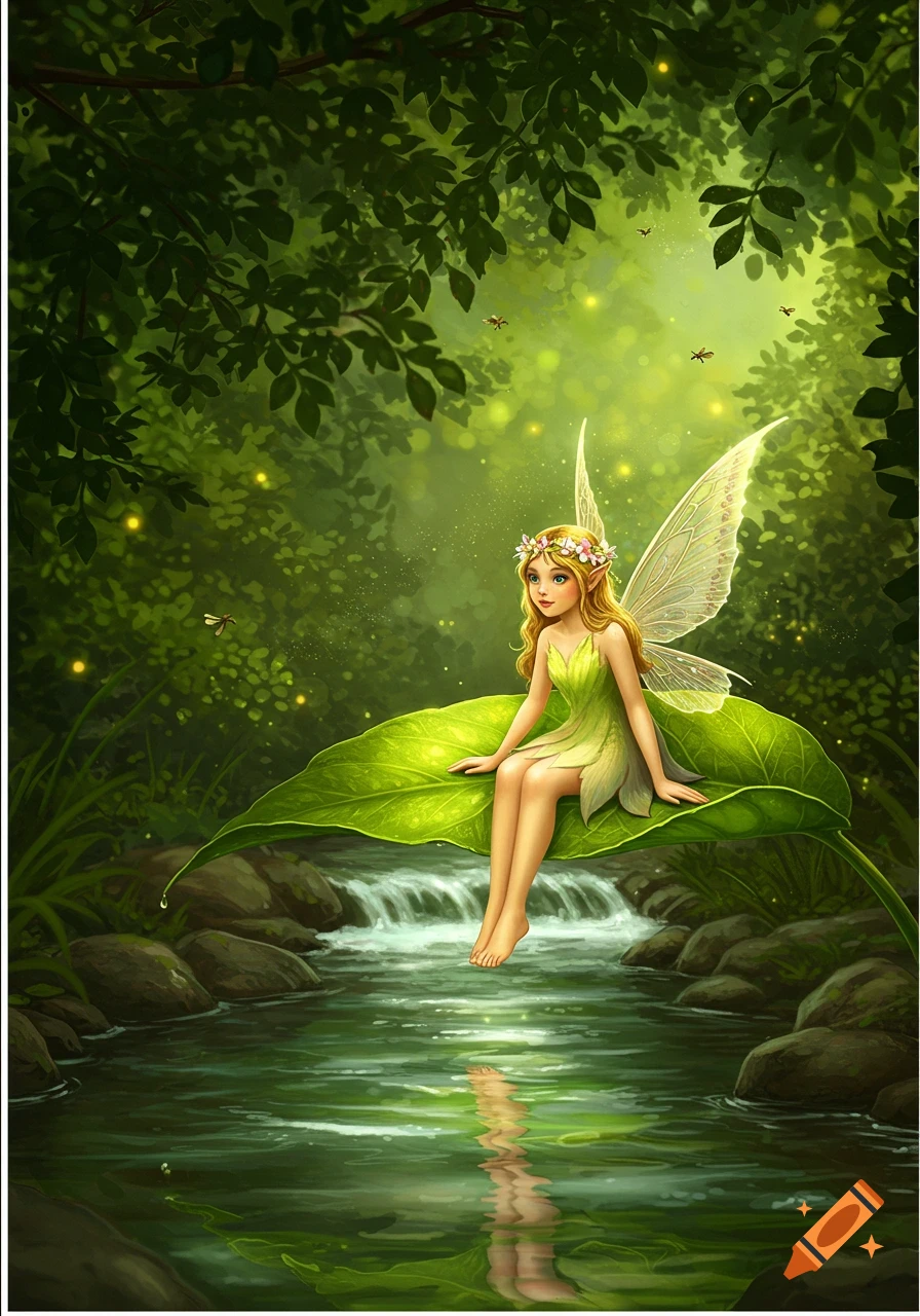 A young fairy with blonde hair and wings sits on a large green leaf over a stream in a lush forest, an illustration.