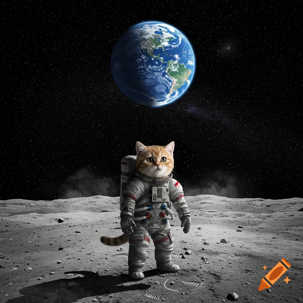 A photorealistic image of an orange cat in a detailed astronaut suit standing on the moon, with planet Earth visible in the dark starry sky.