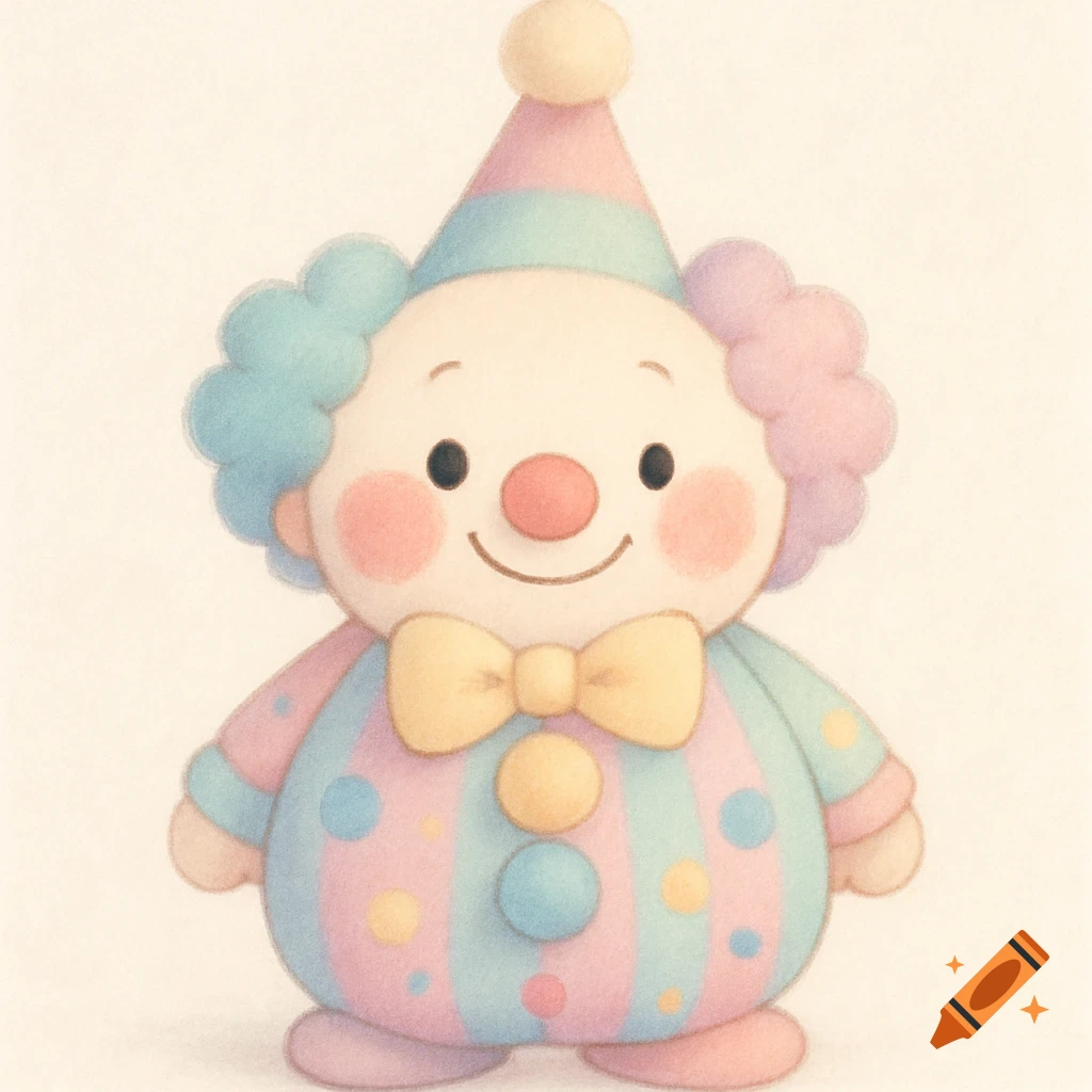 A cute, round, pastel clown with a party hat and a bow tie, rendered in a soft, fuzzy art style.