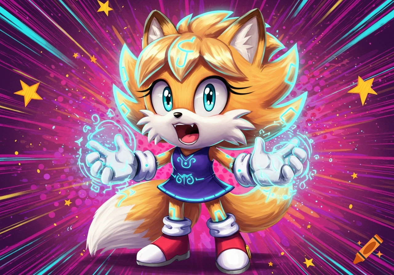 A cute cartoon fox girl in a Sonic style, with blonde hair, a blue dress, and glowing blue glyphs on her body and hands, surrounded by colorful speed lines and stars.