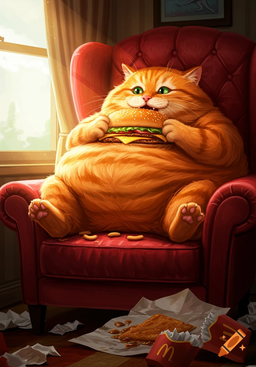 A very chubby orange cat sits in a red armchair, happily devouring a large cheeseburger, surrounded by fast-food wrappers.