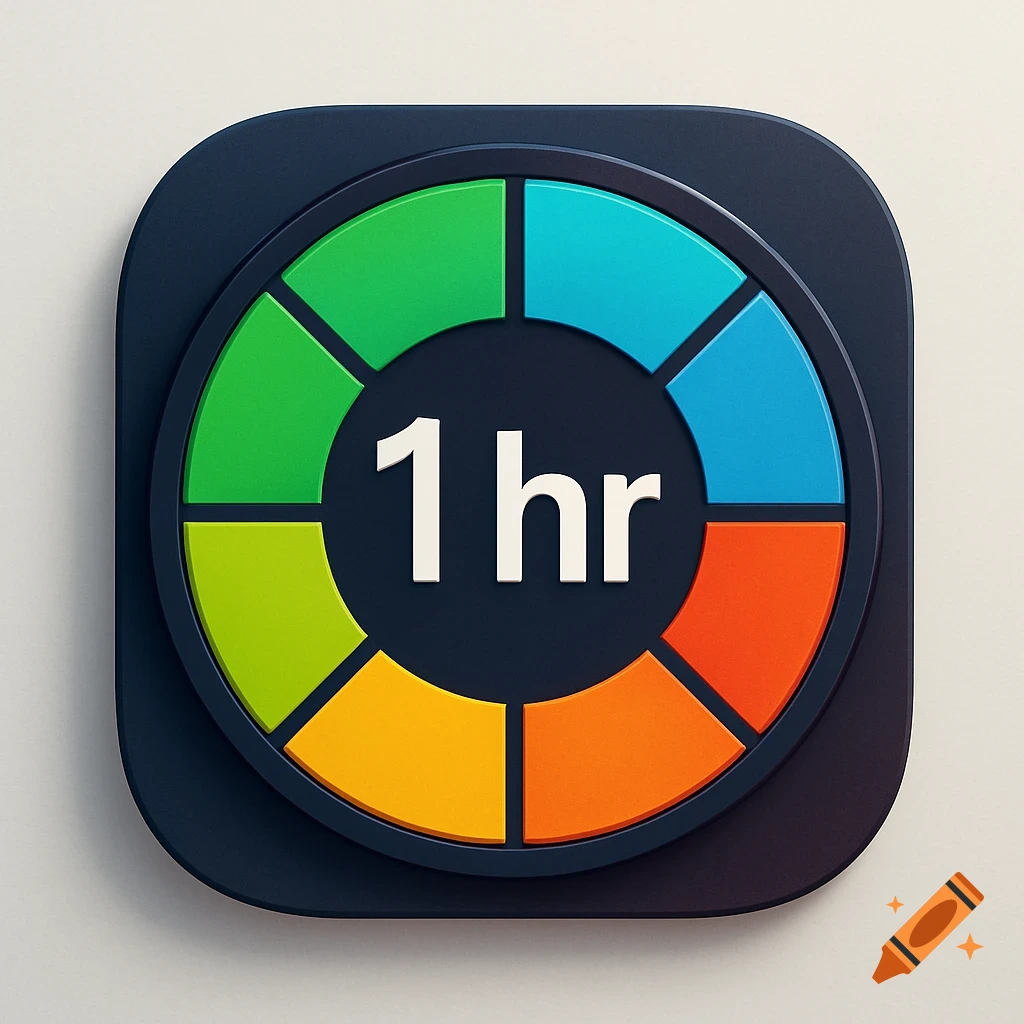A stylized 3D app icon featuring a dark blue rounded square with a colorful segmented timer circle, displaying '1 hr' in the center.