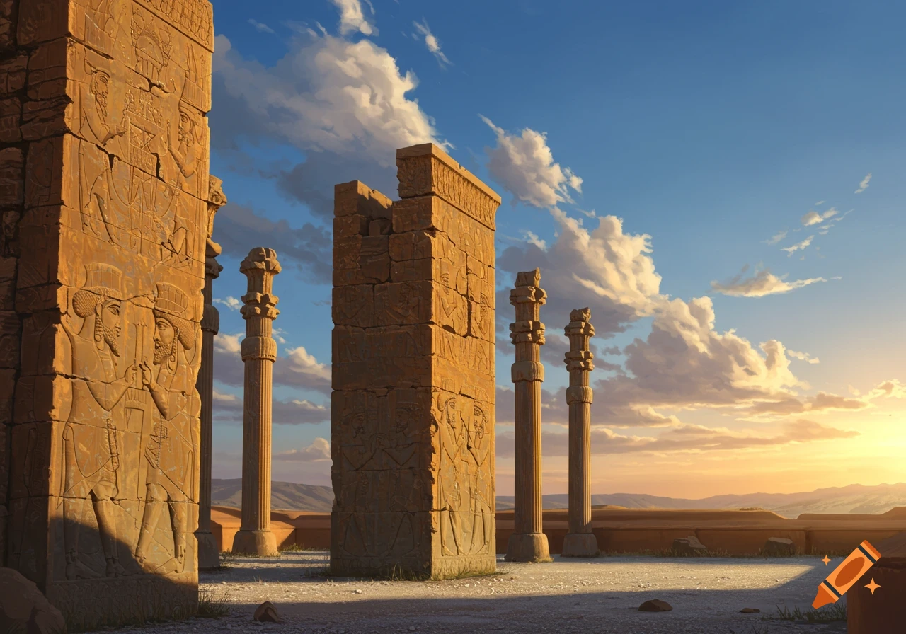 Ancient Persepolis ruins at sunrise or sunset, with tall stone columns and walls featuring intricate bas-relief carvings under a cloudy sky.