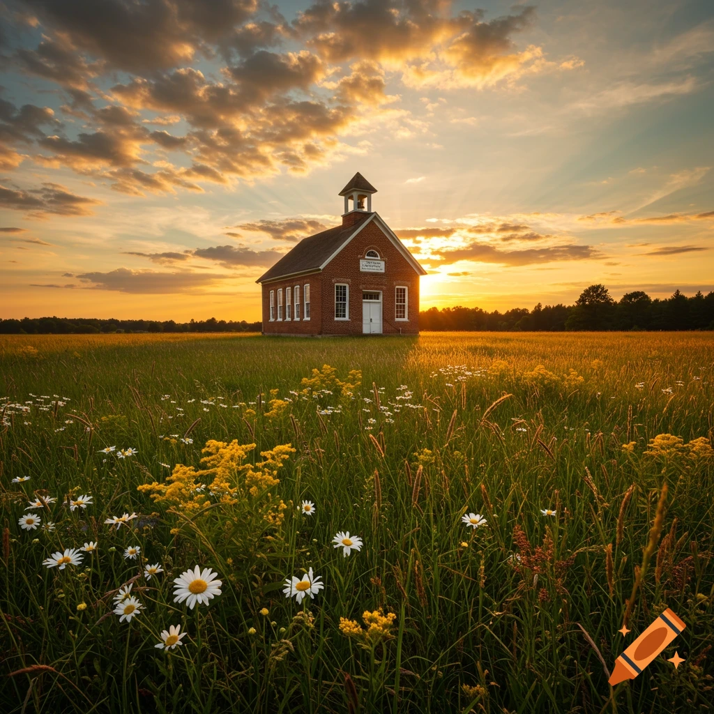 A rustic brick schoolhouse stands alone in a sunlit field of wildflowers under a dramatic golden sunset.