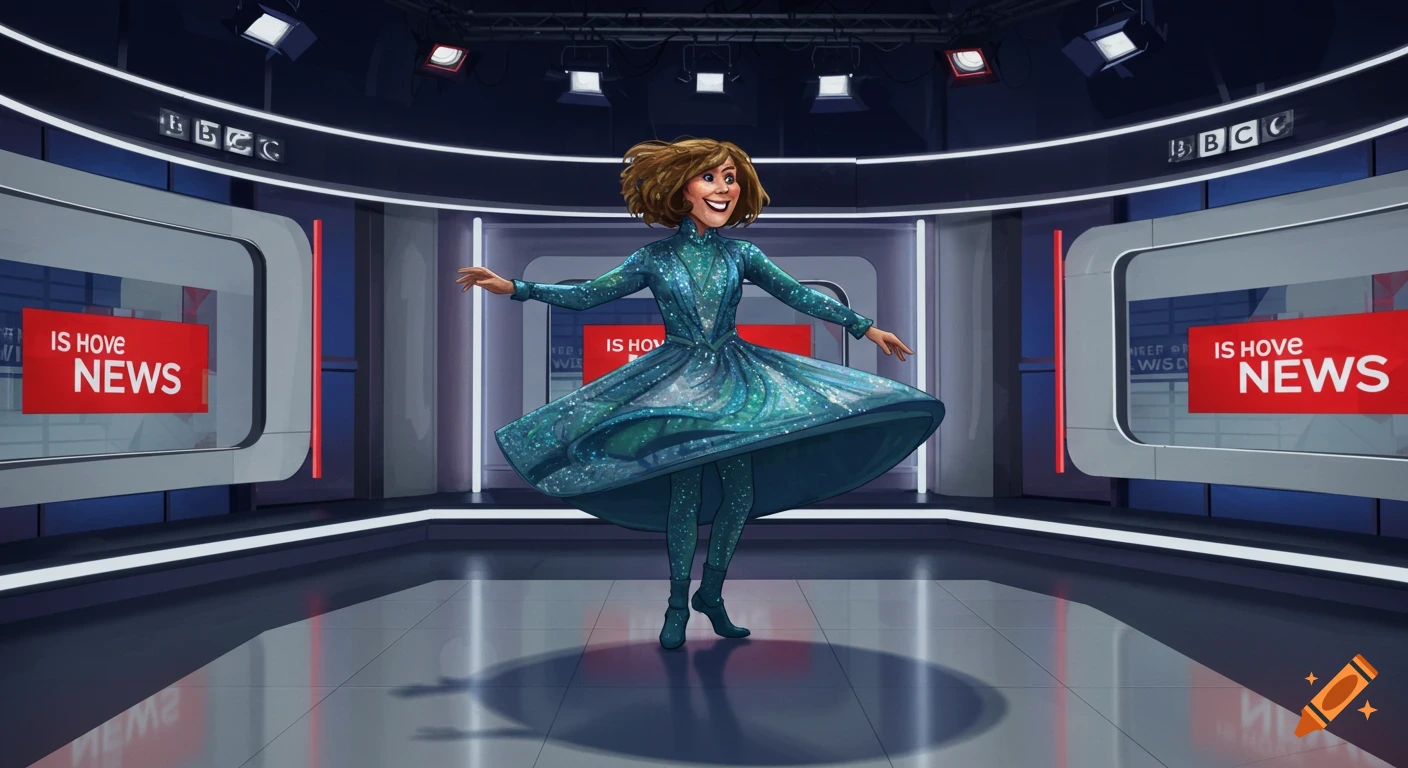 A smiling cartoon woman in a sparkly blue dress dances in a futuristic news studio with red screens displaying 'IS HOVE NEWS' and 'BBC' logos in the background.