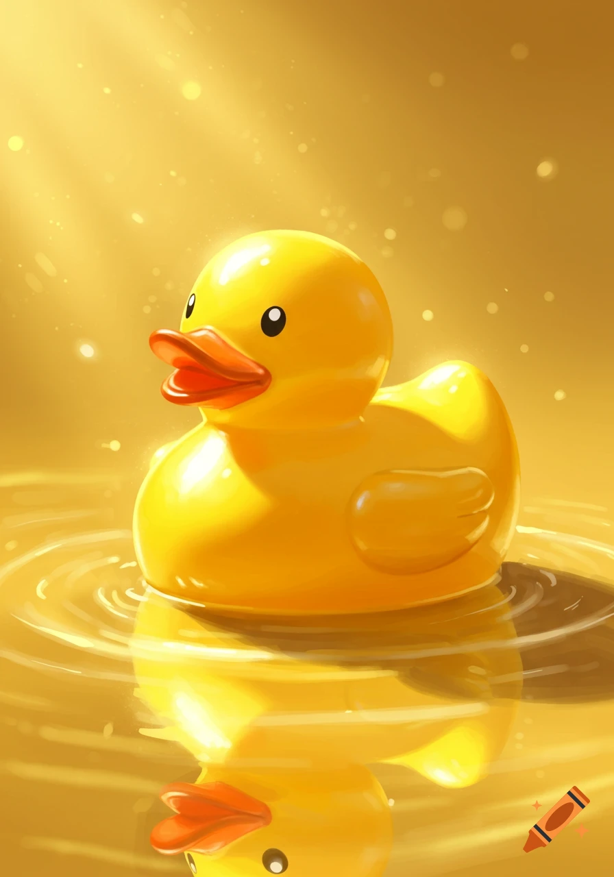 A cheerful yellow rubber duck floats in shimmering golden water with light rays and sparkles.