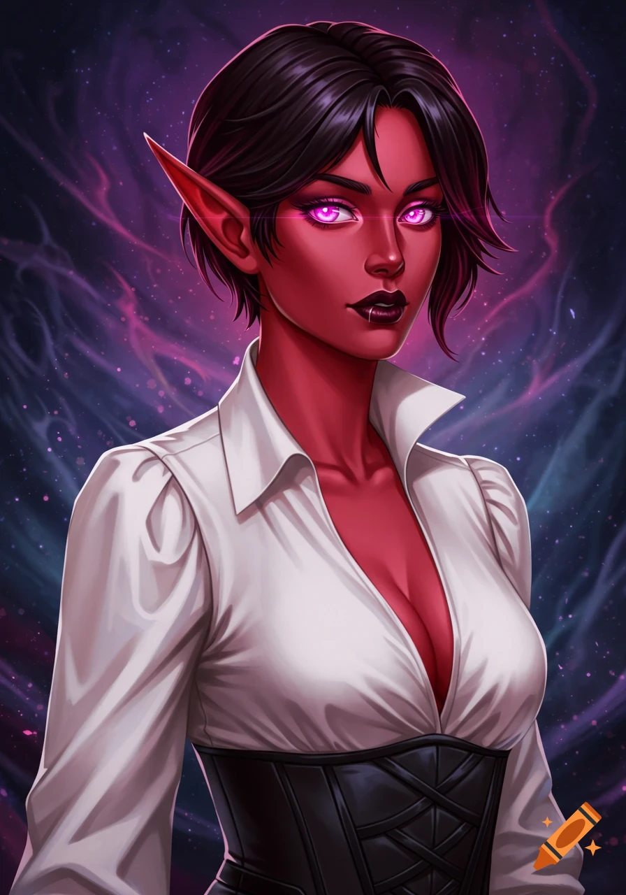 A dark-red skinned female elf with pink glowing eyes and short dark hair, wearing a white blouse and black corset against a purple cosmic background.