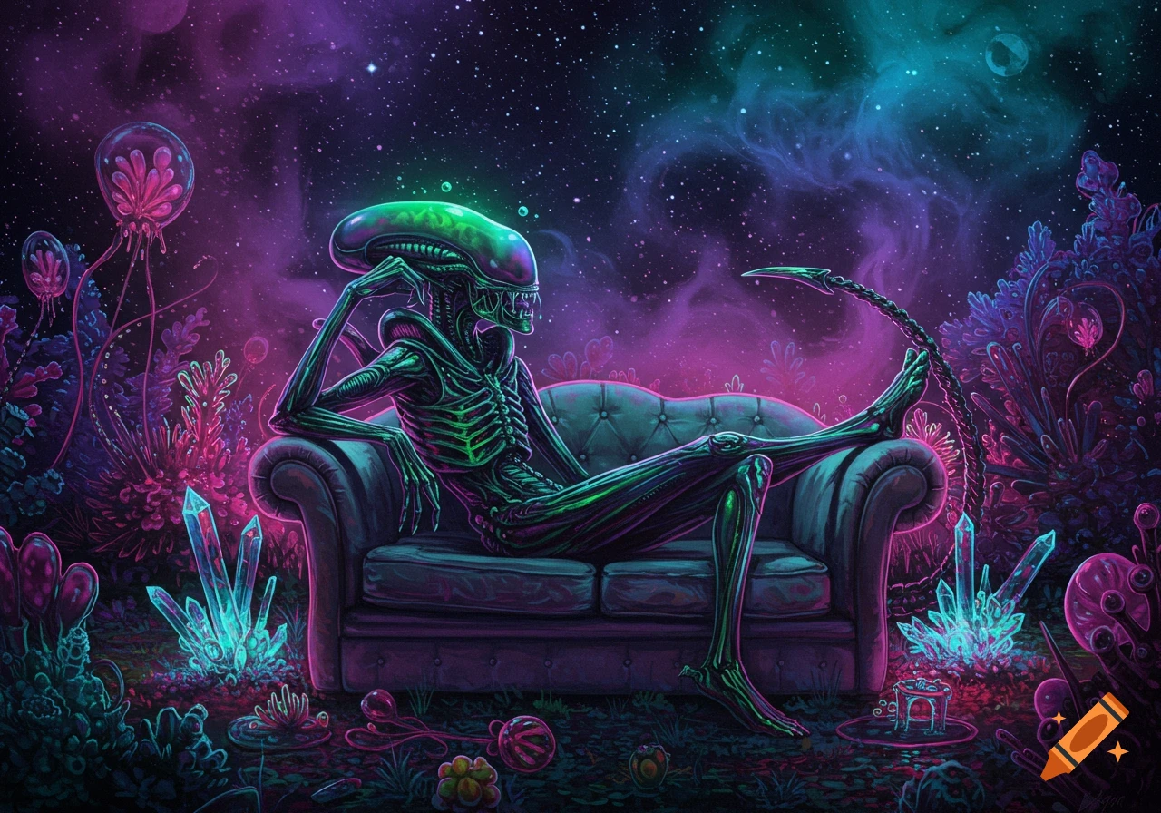 A neon green xenomorph lounges on a couch in a vibrant, glowing alien landscape with crystals and a cosmic sky.