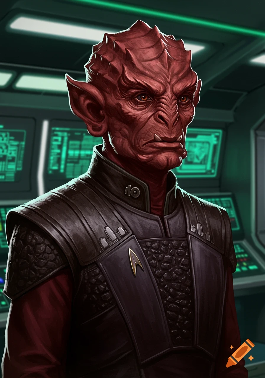 A stern, red-skinned alien with ridged head and pointed ears, wearing a dark Starfleet-like uniform on a spaceship bridge.