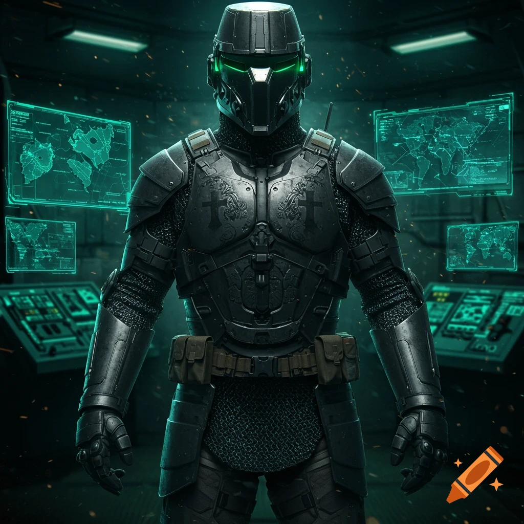 A figure in dark, futuristic tactical armor with a green glowing visor, standing in a dim control room with glowing green screens.
