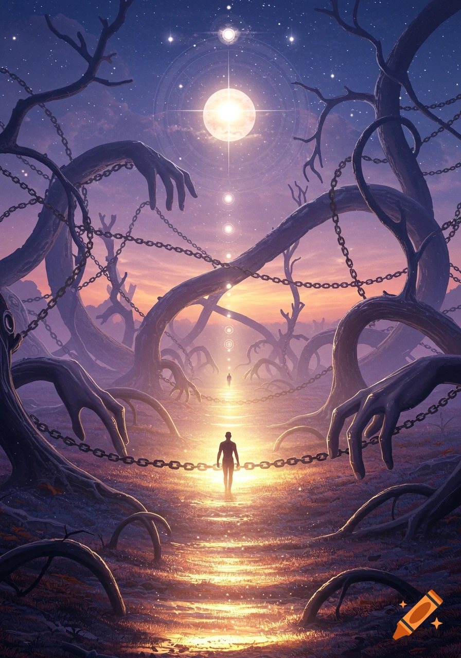 A person walks on a glowing path through a surreal landscape of gnarled, hand-like trees with chains under a starry, moonlit sky.
