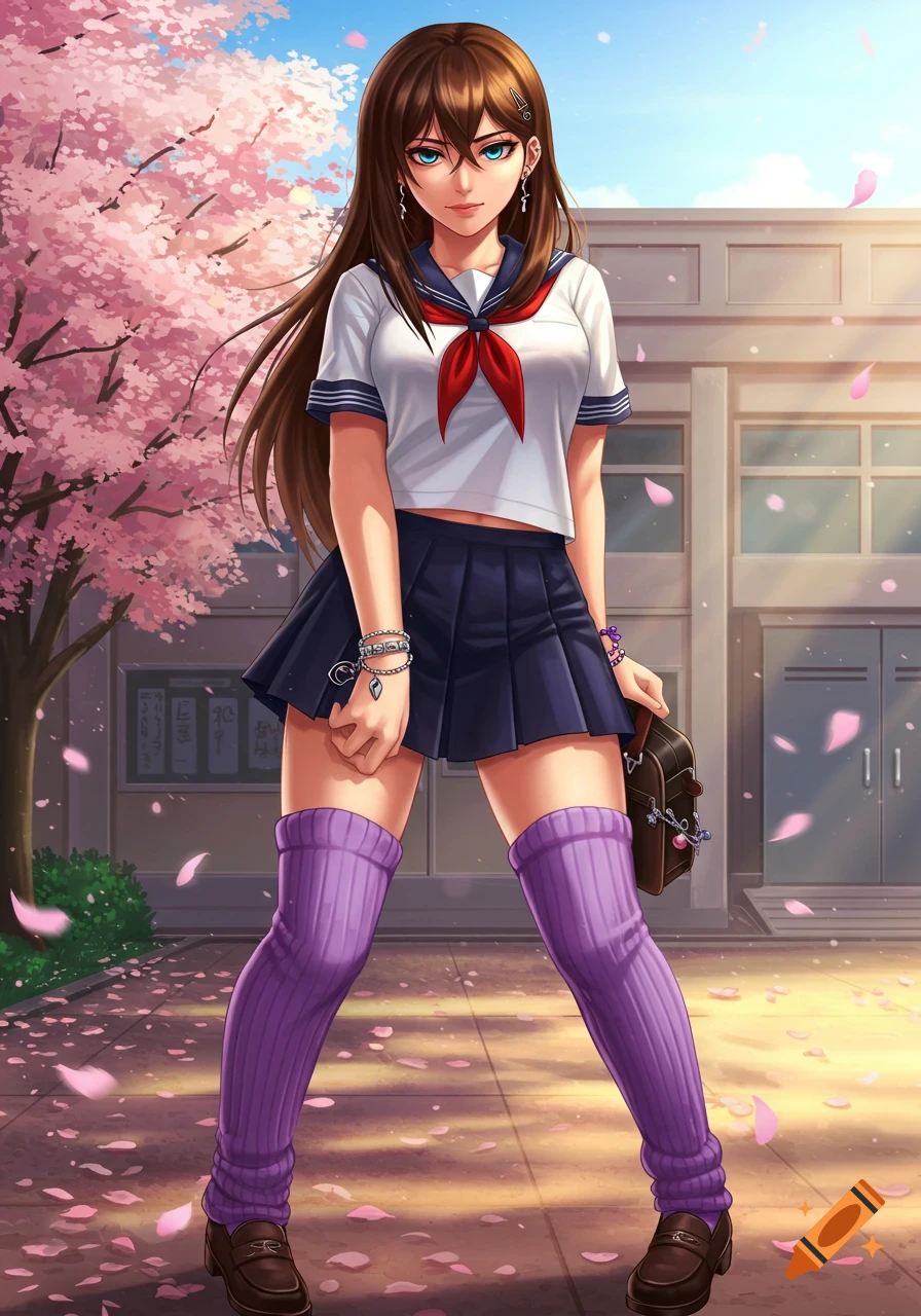 Anime schoolgirl with long brown hair, sharp blue eyes, white sailor uniform, dark blue pleated skirt, and purple leg warmers, standing by a school with cherry blossoms.
