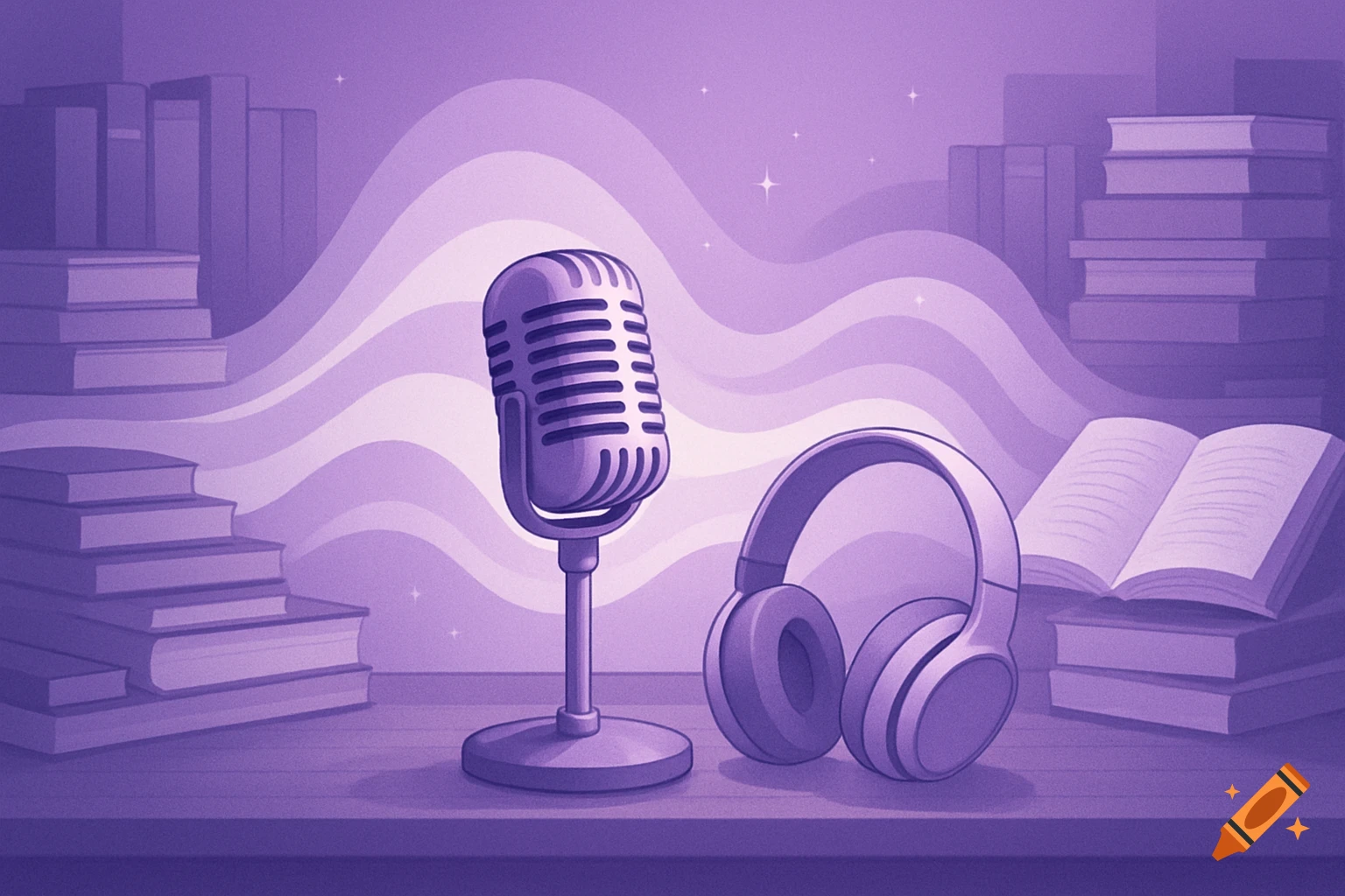 Purple illustration featuring a vintage microphone, headphones, and stacks of books on a desk with wavy, ethereal lines and sparkles in the background.