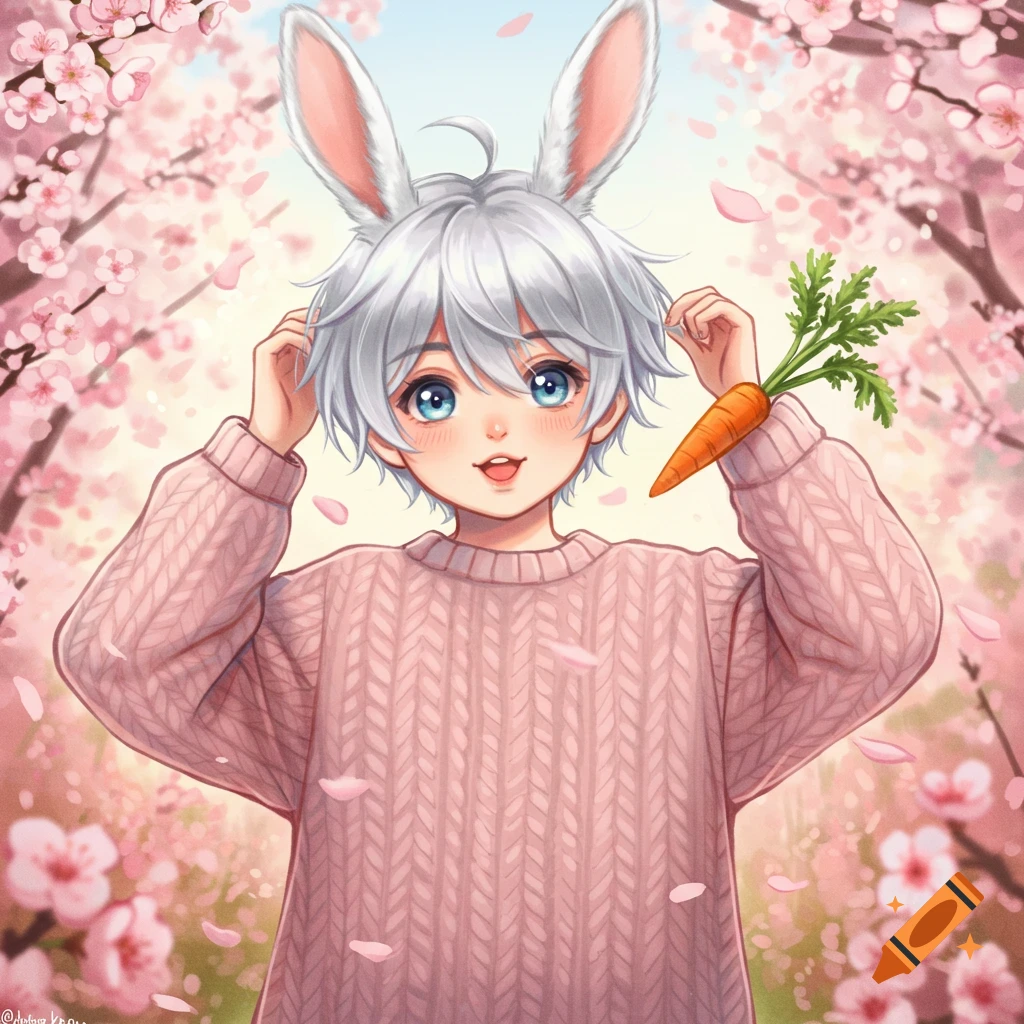 Cute anime boy with white hair and bunny ears, wearing a pink sweater, holding a carrot among pink cherry blossoms.
