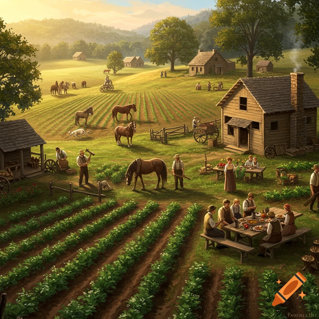 A detailed illustration of a historical rural village with people farming, building, riding horses, and dining outdoors amidst fields and wooden cabins.