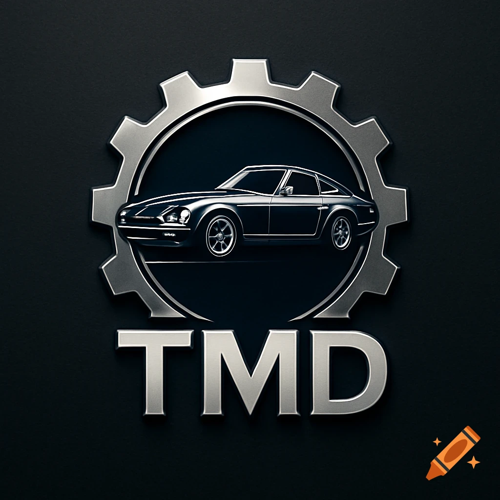 A metallic silver gear logo featuring a sleek black classic car inside, with the letters TMD below, on a dark background.